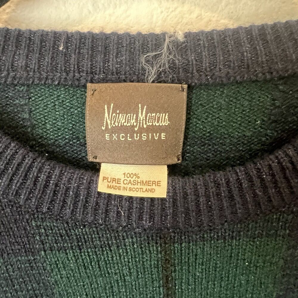 Vintage Y2k Neiman Marcus Cashmere Men’s Green Blue tartan sweater luxury preppy - Picture 2 of 6